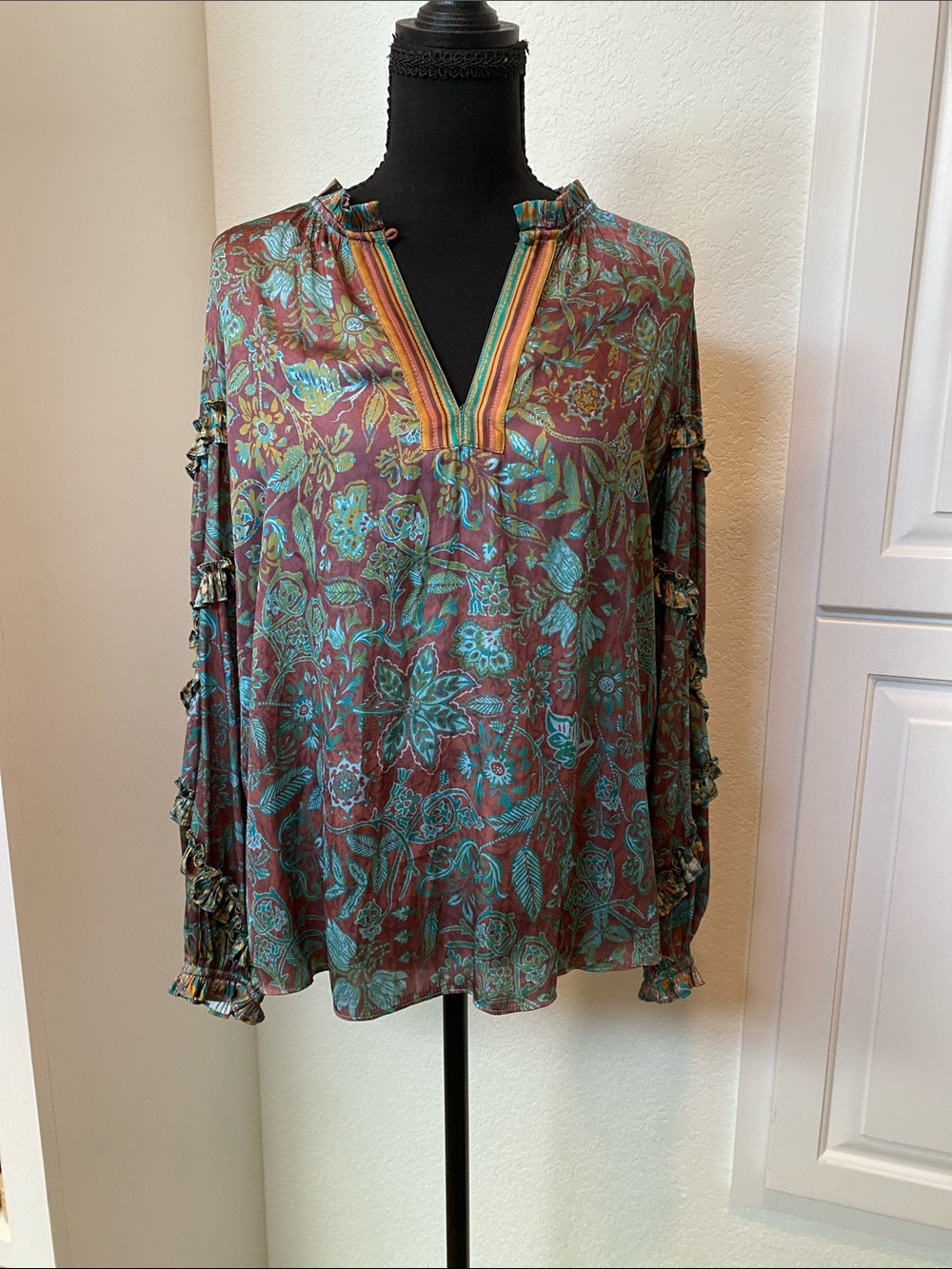 Current Air Teal & Brown Floral V-Neck Long-Sleeve Blouse